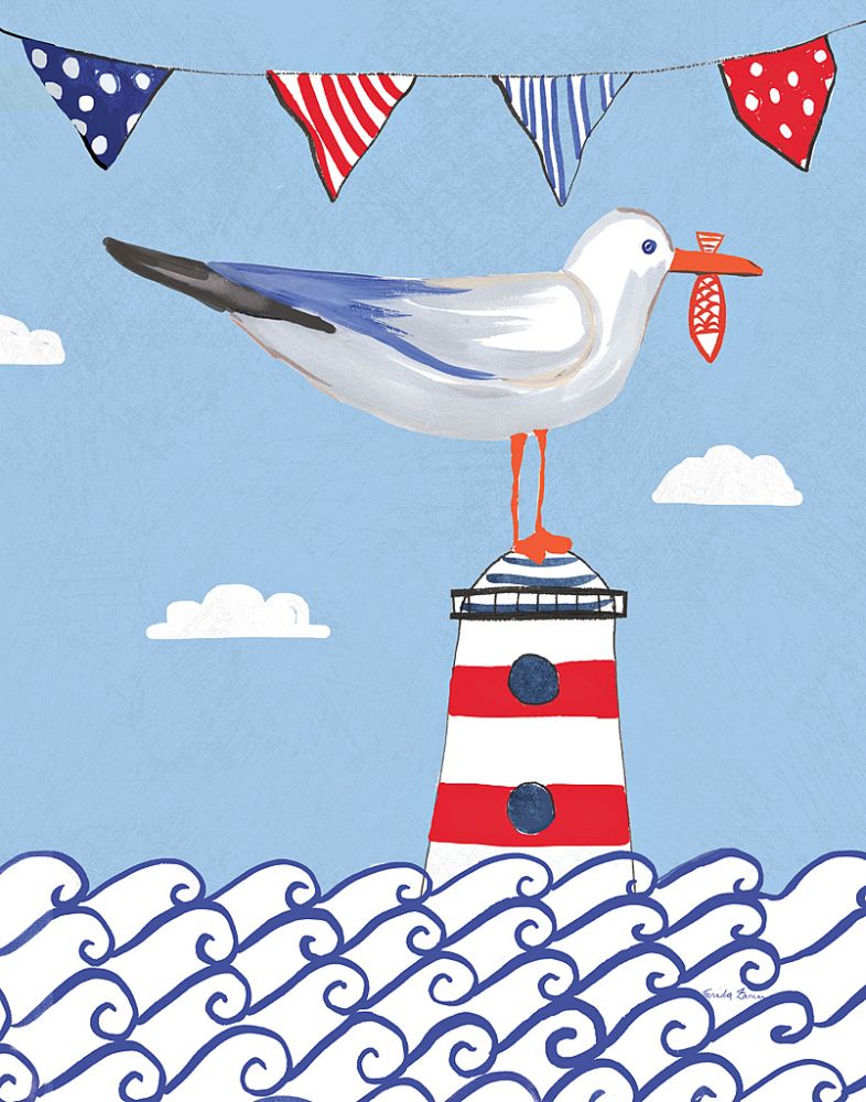 Coastal Bird I Flags on Blue