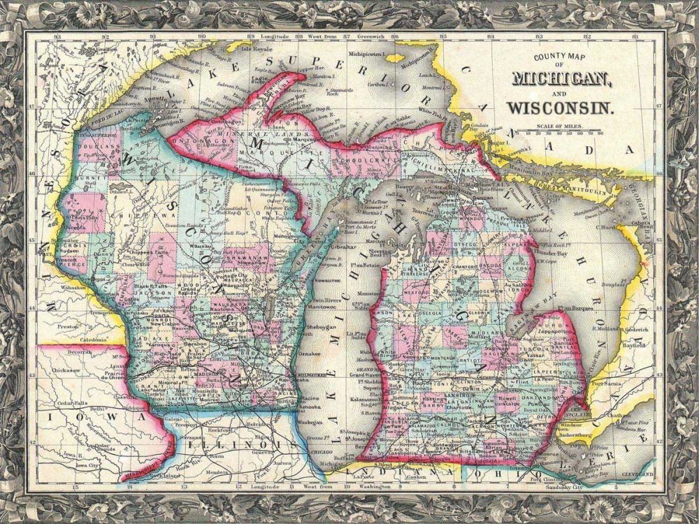County map of Michigan and Wis